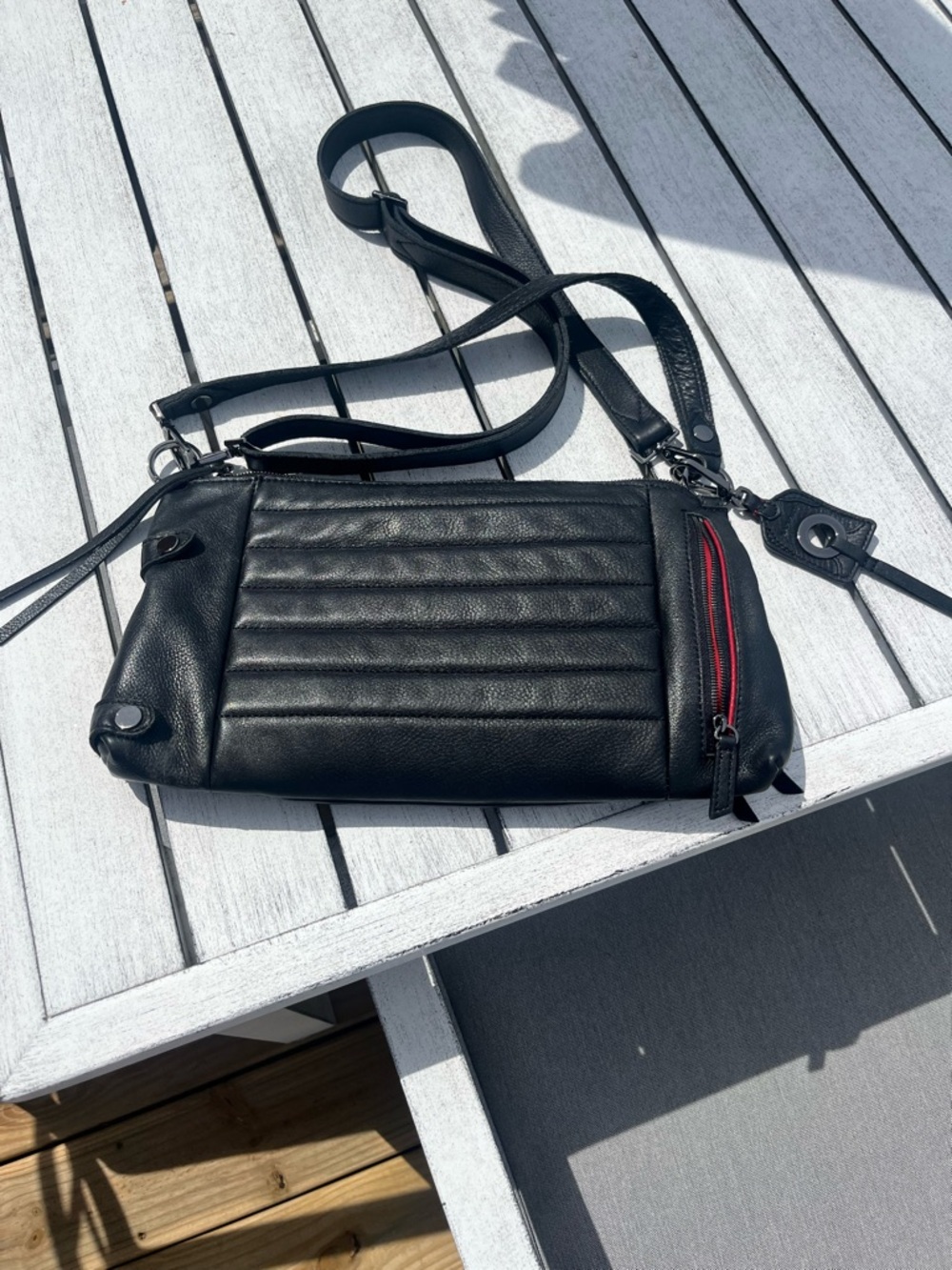 Hammitt Black Leather Crossbody with Red Zip Detail
